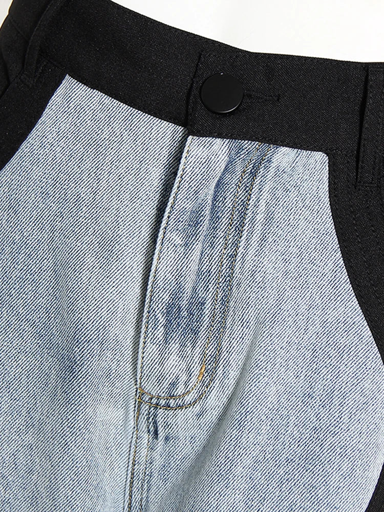 High Waist Blue Denim Long Color-block Wave Wide Leg Jeans New Loose Women Trousers Fashion Spring Autumn 2025 1DE9731