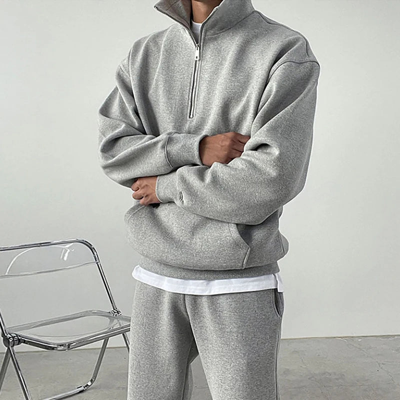 Men's Pants Set New Korean Casual Sets Half Zipper High Collar Loose Pullover Sweatshirt Elastic Waist Male Bottoms 9W1850