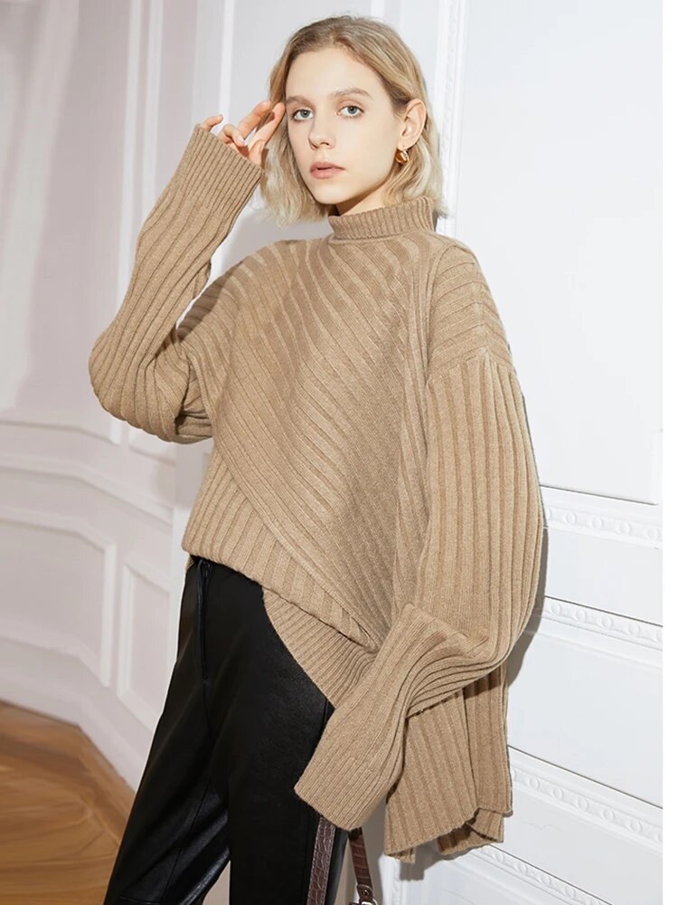 Asymmetrical Hem Sweater For Women Turtleneck Long Sleeve Patchwork Solid Minimalist Sweaters Female Winter Clothes