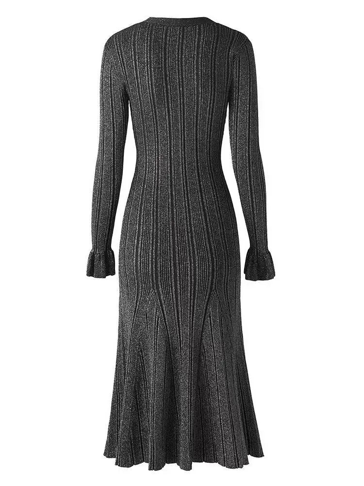 French Autumn 2024 New Women's Black Beige Single Breasted Temperament Knitted Dress Elegant Slim Office Lady Long Sleeve Dress
