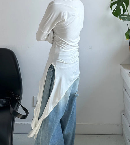 Women White Irregular Hem Elegant Long Slim T-shirt New Round Neck Long Sleeve Fashion Tide Spring Autumn 2025 1DJ0097