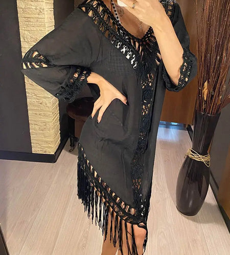 Sexy Backless Hollow Out Fringe Tassel Tunic Beach Cover Up Cover-ups Beach Dress Beach Wear Beachwear Female Women V2650
