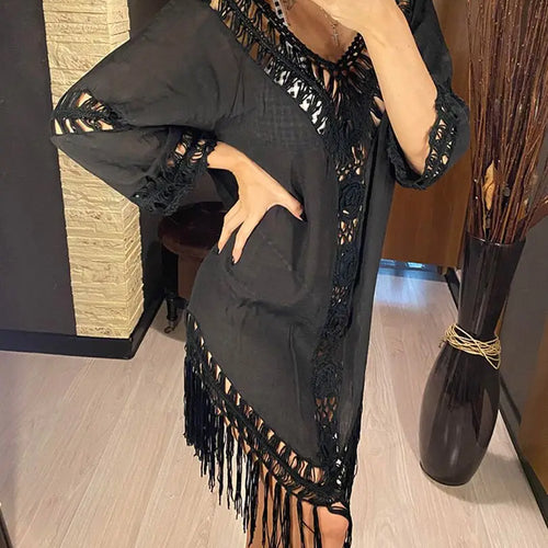 Load image into Gallery viewer, Sexy Backless Hollow Out Fringe Tassel Tunic Beach Cover Up Cover-ups Beach Dress Beach Wear Beachwear Female Women V2650
