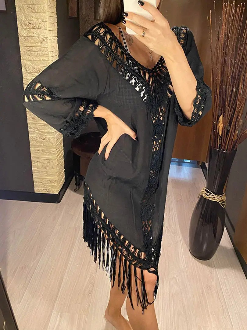 Sexy Backless Hollow Out Fringe Tassel Tunic Beach Cover Up Cover-ups Beach Dress Beach Wear Beachwear Female Women V2650