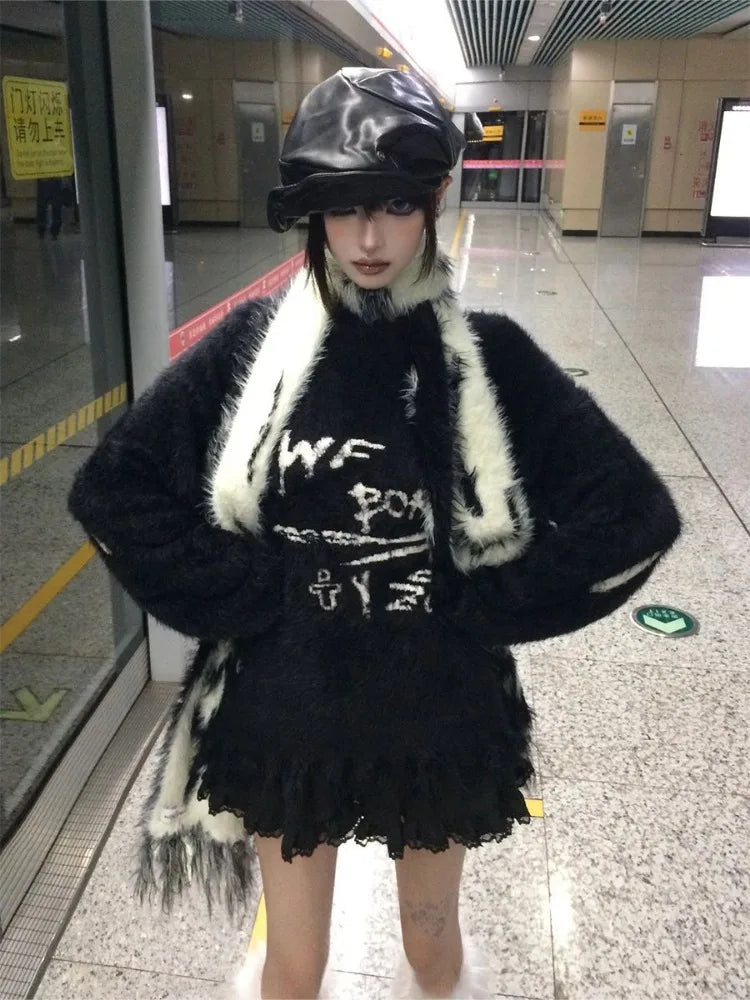 Loose Mohair Pullover Women Y2k Aesthetic Knitted Punk Letter Vintage Sweater Sueter Mujer Harajuku Grunge Pull Femme Top Jumper