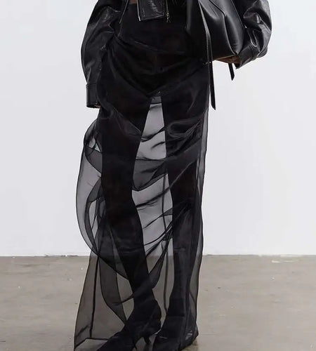 High Waist Black Pleated Mesh Irregular Long Elegant Half-body Skirt Women Fashion Tide New Spring Autumn 2025 1DH4715