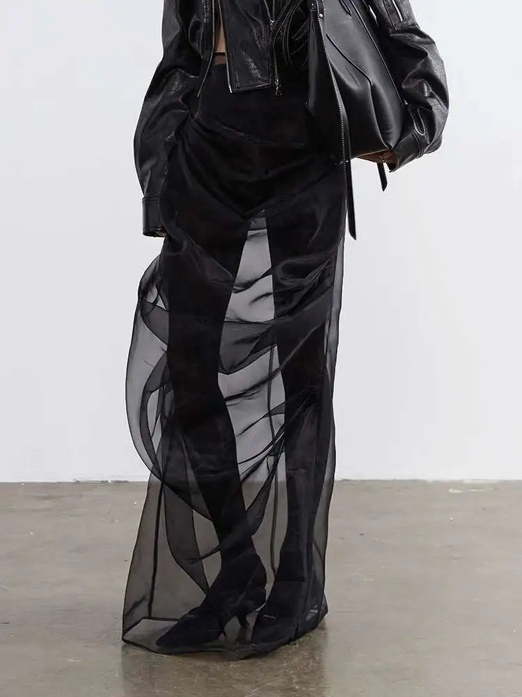 High Waist Black Pleated Mesh Irregular Long Elegant Half-body Skirt Women Fashion Tide New Spring Autumn 2025 1DH4715