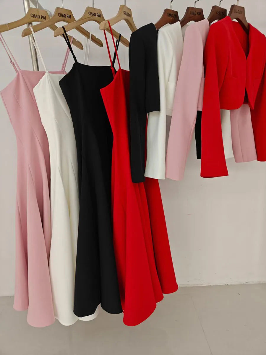 Solid Elegant Two Piece Sets for Women Round Neck Long Sleeves Top Square Neck Sleeveless Tunic Dress Female Clothes