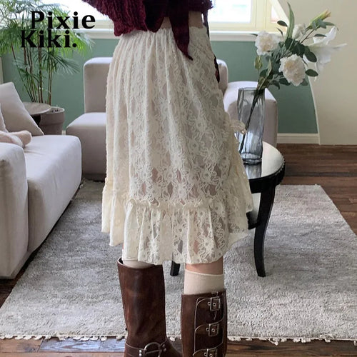 Load image into Gallery viewer, Sheer Mesh Lace Skirts Drawstring Ruched Ruffled Low Waist Midi Skirt Y2k Clothes for Teen Girls Fairy Grunge P77-DC30
