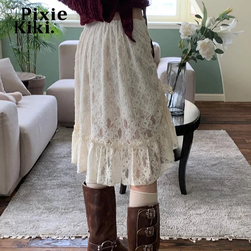 Sheer Mesh Lace Skirts Drawstring Ruched Ruffled Low Waist Midi Skirt Y2k Clothes for Teen Girls Fairy Grunge P77-DC30