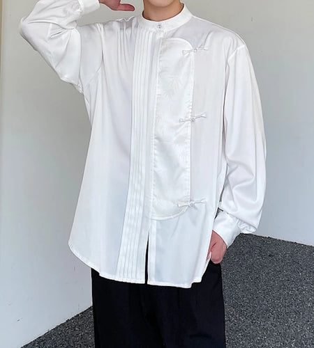 Men's Shirts Long Sleeve New Chinese Style Personalized Stand Collar  Button Design Solid Color Handsome Male Top 9W1789