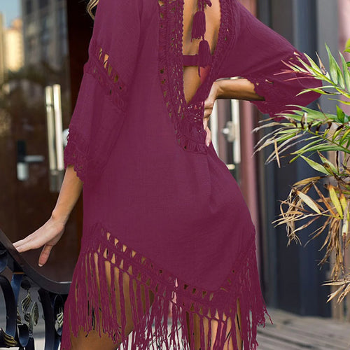 Load image into Gallery viewer, Sexy Backless Hollow Out Fringe Tassel Tunic Beach Cover Up Cover-ups Beach Dress Beach Wear Beachwear Female Women V2650
