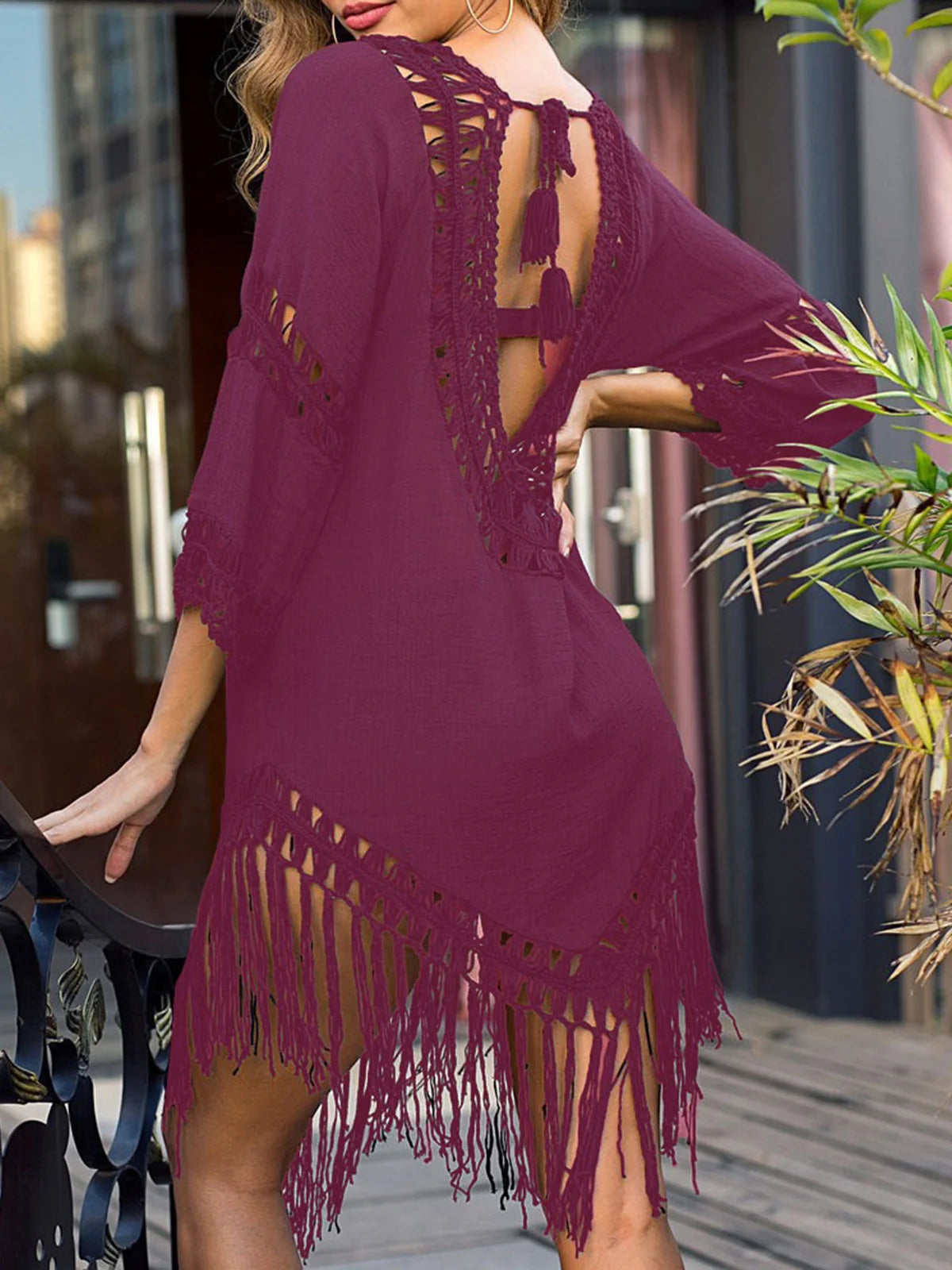 Sexy Backless Hollow Out Fringe Tassel Tunic Beach Cover Up Cover-ups Beach Dress Beach Wear Beachwear Female Women V2650