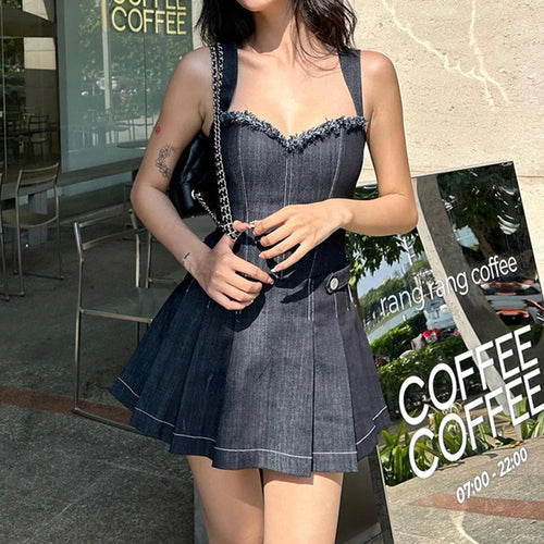 Load image into Gallery viewer, Fashion Square Neck Corset Summer Denim Dress Short Elegant Sleeveless Burr Sexy Pleated Dress Women Chic Outfits
