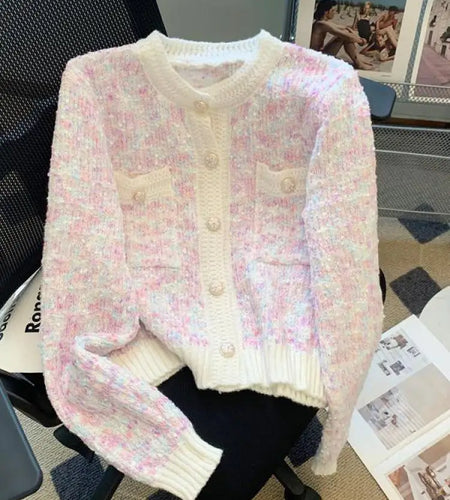 Autumn Winter Sweet Vintage Rainbow Knitted Cardigan Top French Fashion Women New Round Neck Single Breasted Long Sleeve Sweater