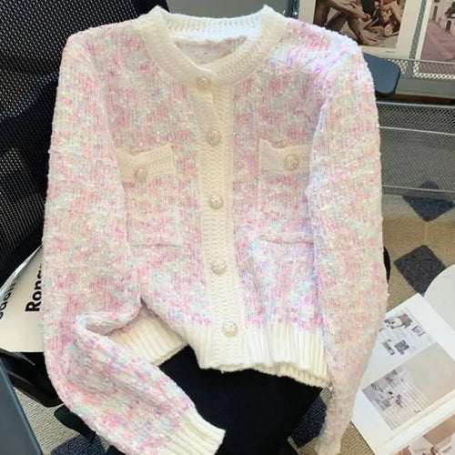 Load image into Gallery viewer, Autumn Winter Sweet Vintage Rainbow Knitted Cardigan Top French Fashion Women New Round Neck Single Breasted Long Sleeve Sweater
