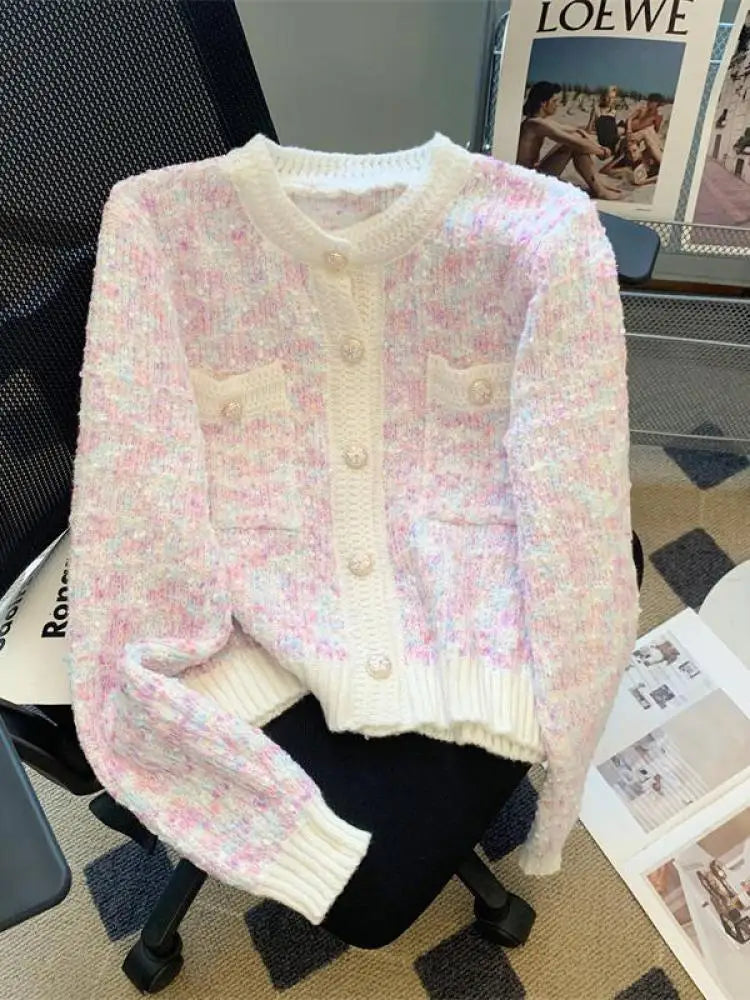 Autumn Winter Sweet Vintage Rainbow Knitted Cardigan Top French Fashion Women New Round Neck Single Breasted Long Sleeve Sweater