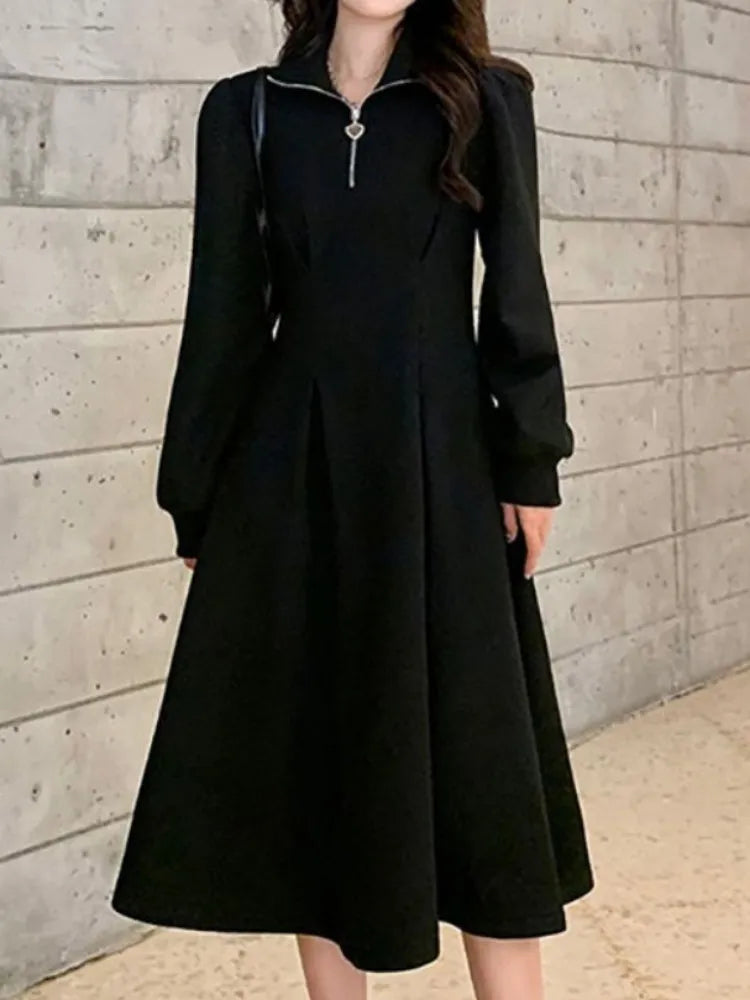 Autumn Korean Kpop Black Sport Dress Women School Casual Long Sleeve Zip Dresses Streetwear Plus Velvet