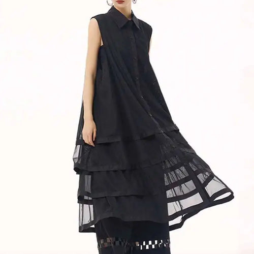 Load image into Gallery viewer, Women Black Layers Mesh Big Size Midi Vest Shirt Dress New Lapel Sleeveless Fashion Tide Spring Summer 2025 1DH9472
