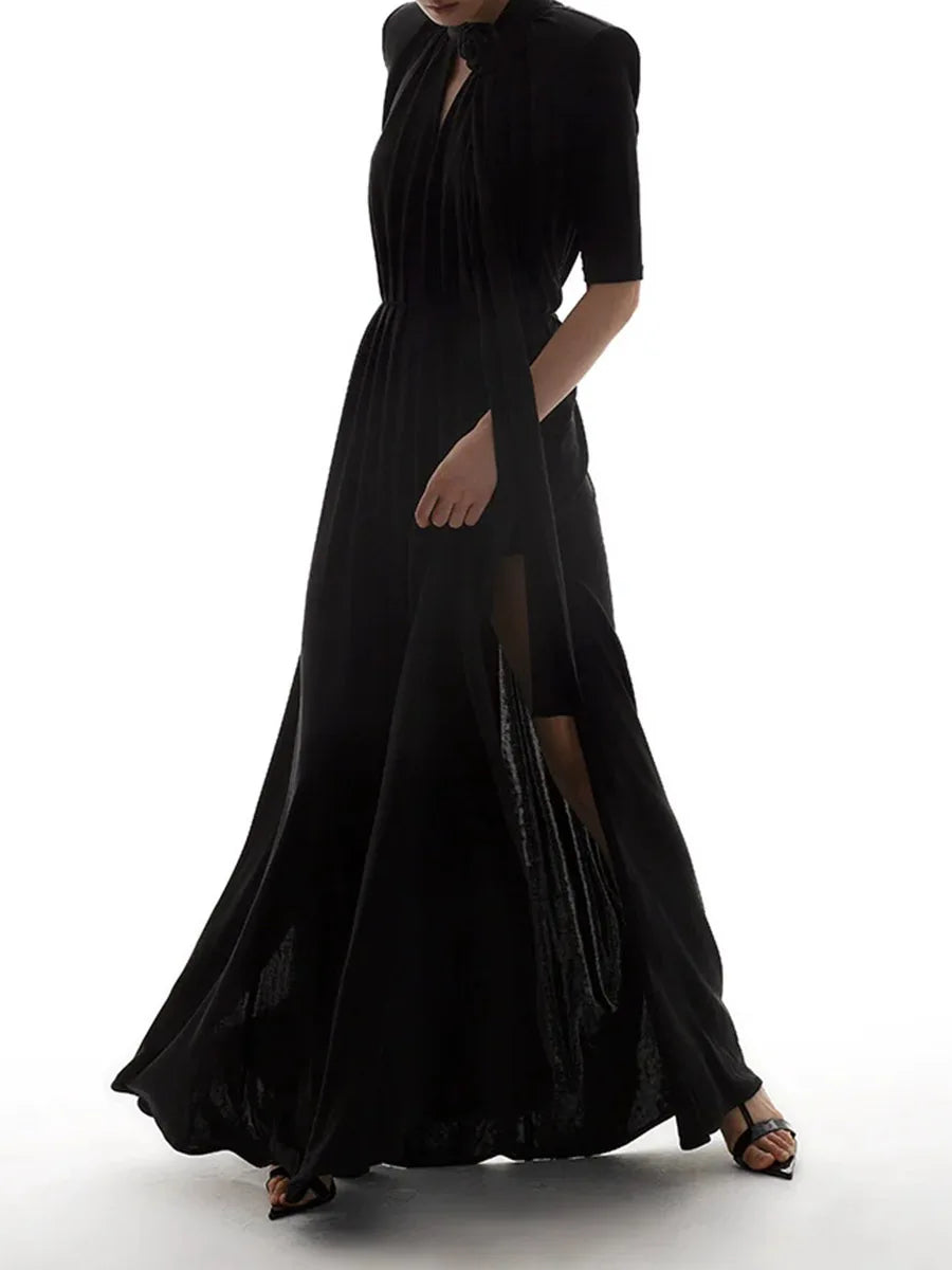 Solid Hollow Out Loose Dresses For Women O Neck Short Sleeve High Waist  Temperament Long Dress Female Fashion New