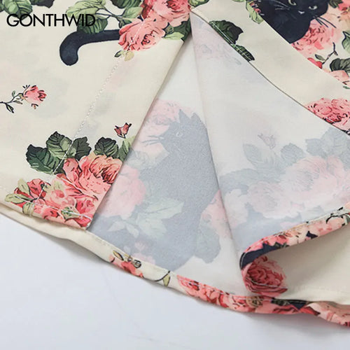 Load image into Gallery viewer, Men Oversized Hawaiian Shirts Black Cat Floral Graphic Print Button Up Blouse 2024 Harajuku Loose Short Sleeve Summer Beach Tops
