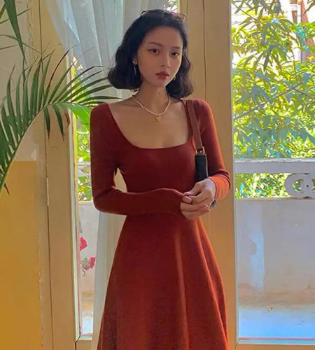 Korean Women's Retro Solid Square Neck Long Sleeve Knit Slim Pleated Dress Elegant Holiday Party Long Dress Autumn Chic