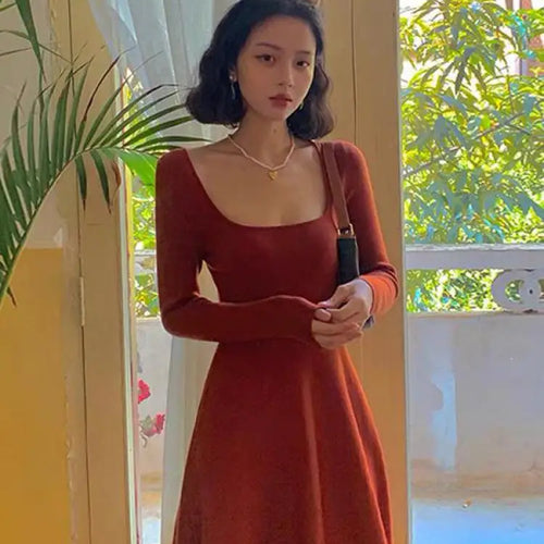 Load image into Gallery viewer, Korean Women's Retro Solid Square Neck Long Sleeve Knit Slim Pleated Dress Elegant Holiday Party Long Dress Autumn Chic
