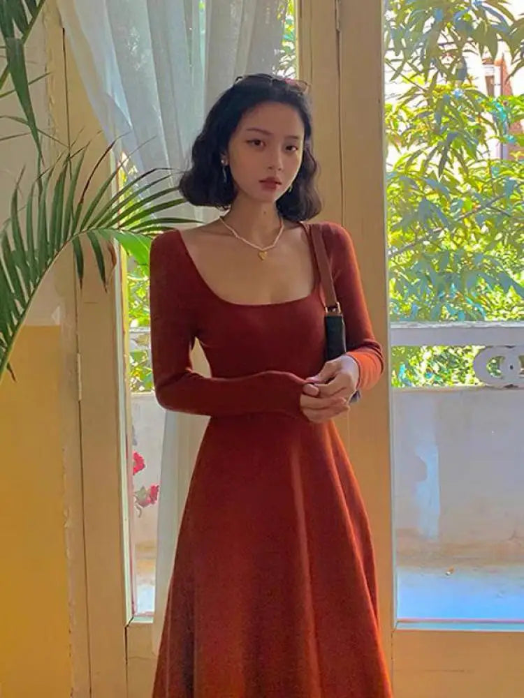 Korean Women's Retro Solid Square Neck Long Sleeve Knit Slim Pleated Dress Elegant Holiday Party Long Dress Autumn Chic