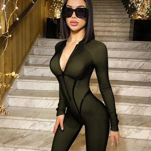Load image into Gallery viewer, Sexy Zipper Women Jumpsuit Long Sleeve Bandage Tights Solid Jumpsuits Female Party Bodycon Stretch Sporty &amp; Leisure
