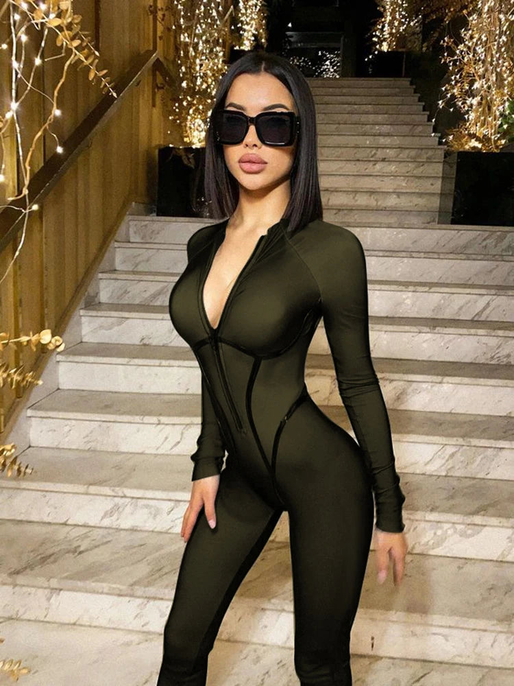 Sexy Zipper Women Jumpsuit Long Sleeve Bandage Tights Solid Jumpsuits Female Party Bodycon Stretch Sporty & Leisure