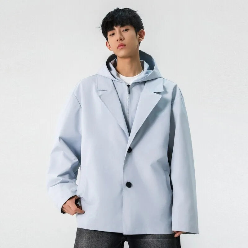 Male American Style Fake Two Piece Lapel Jackets Men's Hooded Casual Solid Color Stand Collar Loose Coats Menswear 9W1235