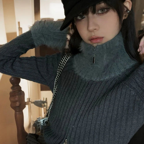 Load image into Gallery viewer, Y2k Aesthetic Patchwork Fur Slim Fit Cardigan Turtleneck Streetwear Grey Crop Tops Double Zippers Autumn Grunge Vintage Sweater
