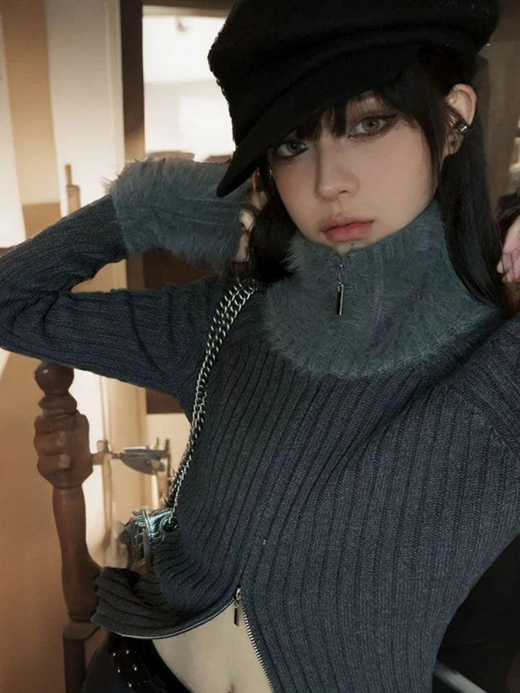 Y2k Aesthetic Patchwork Fur Slim Fit Cardigan Turtleneck Streetwear Grey Crop Tops Double Zippers Autumn Grunge Vintage Sweater