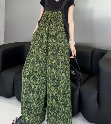High Waist Green Pattern Printed Big Size Long Overalls Pants New Trousers Women Fashion Tide Spring Autumn 2025 1DH6622