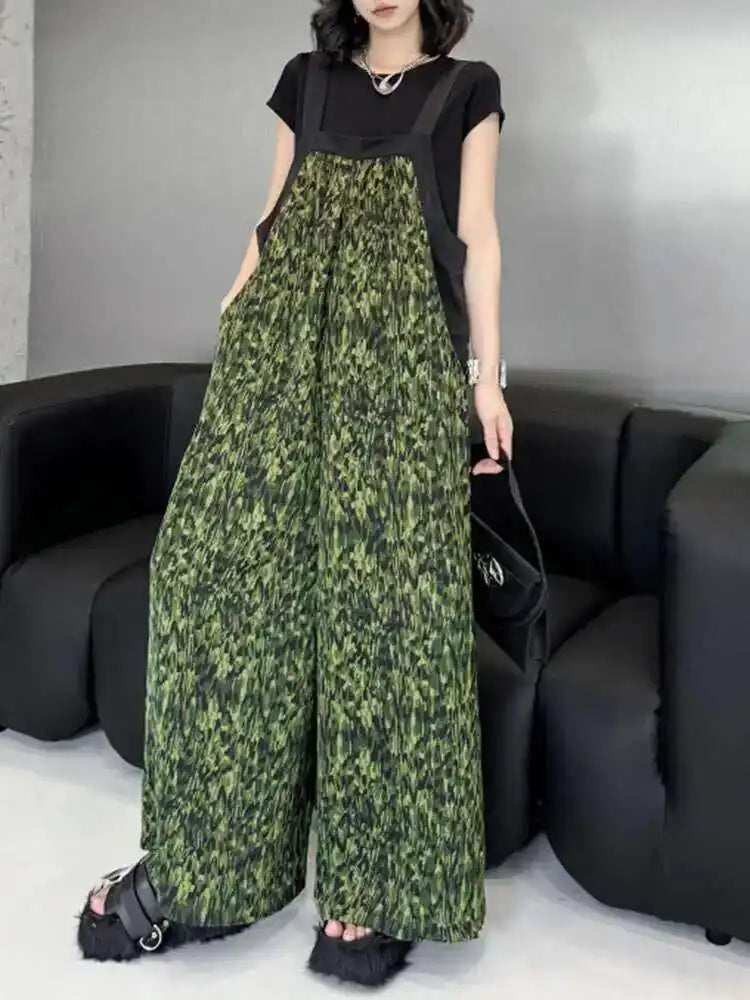 High Waist Green Pattern Printed Big Size Long Overalls Pants New Trousers Women Fashion Tide Spring Autumn 2025 1DH6622