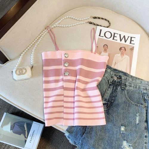 Load image into Gallery viewer, Retro Women Black White Striped Knit Crochet Top Summer Sexy Pink Patchwork Backless Single Breasted Short Spaghetti Strap Tops
