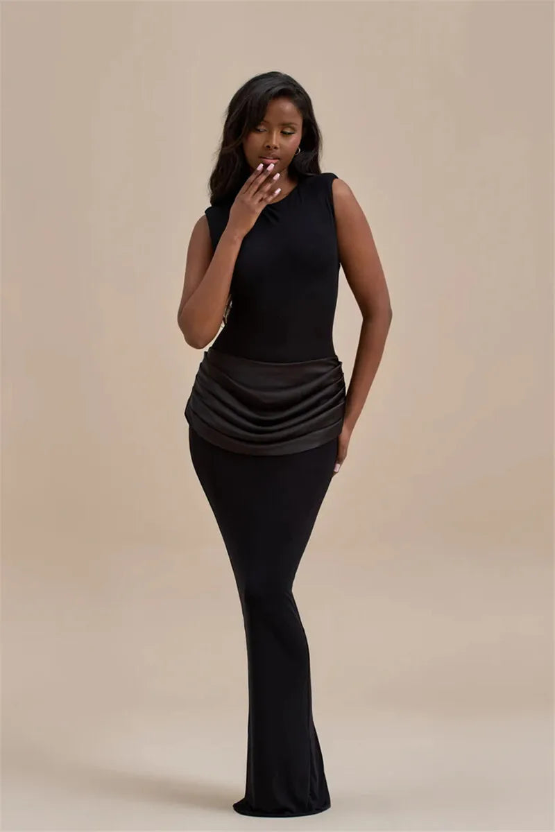 Sleeveless Ruched Sexy Maxi Dress For Women Gown Fashion Black O Neck High Waist Bodycon Club Party Long Dress Vestido