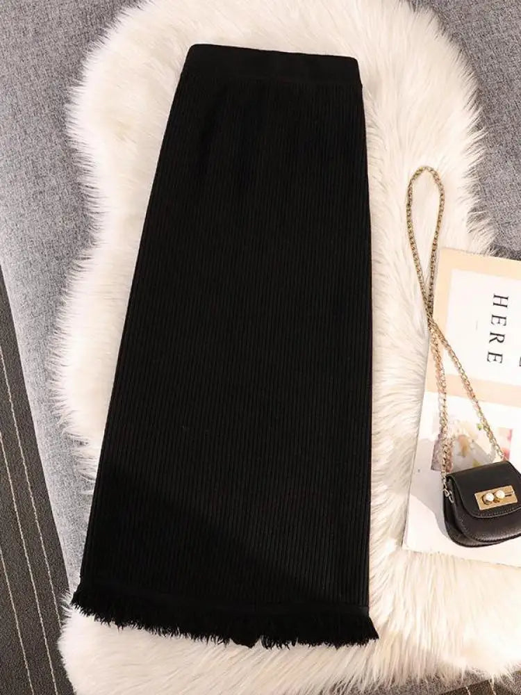 Solid Tassel Split Long Skirts Women Warm Cozy Elegant Casual All-match Korean Elastic Waist A-line Knitted Wrap Hip Skirt Trend