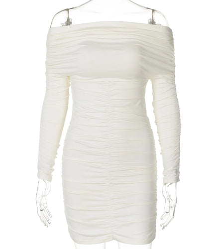 Elegant Solid Slash Neck Long Sleeve Sexy Bodycon Pleated Mini Dress Fall Winter Women Clothes Evening Party Festival