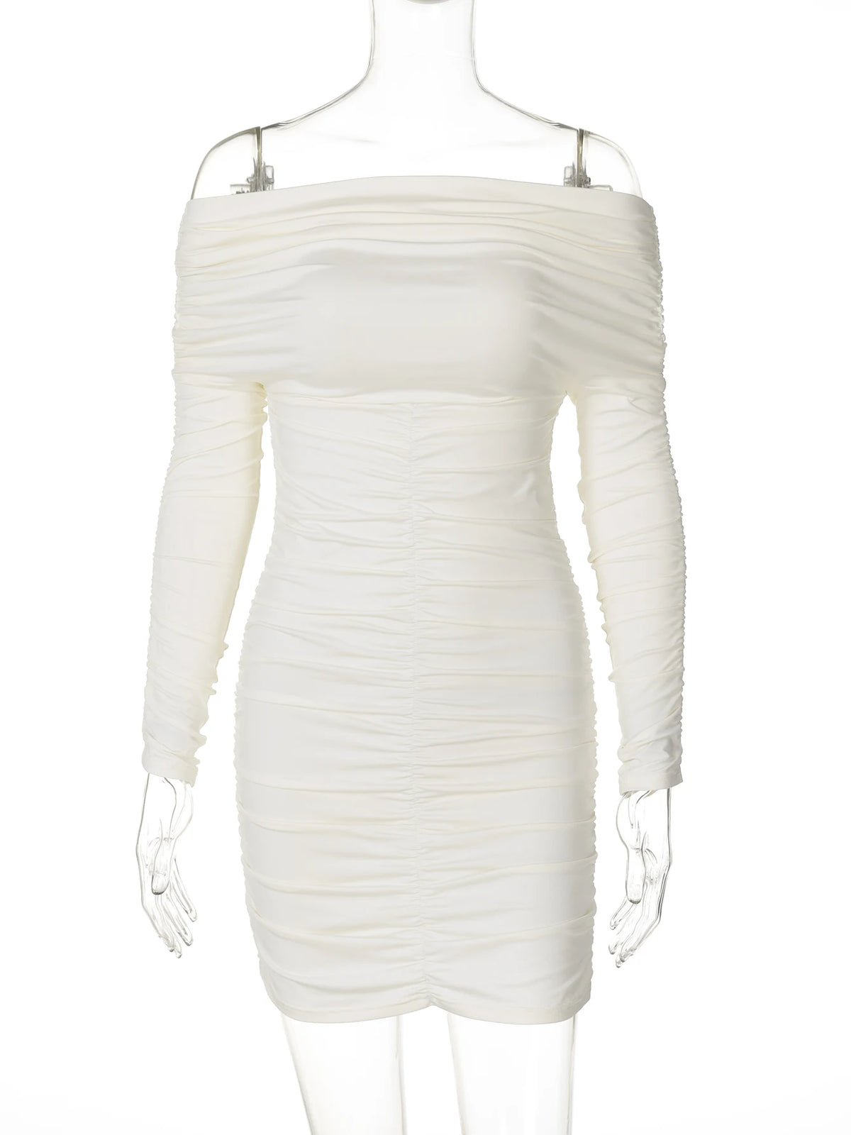 Elegant Solid Slash Neck Long Sleeve Sexy Bodycon Pleated Mini Dress Fall Winter Women Clothes Evening Party Festival