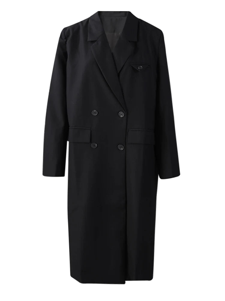 Women Black Double Breasted Big Size Long Blazer New Lapel Long Sleeve Jacket Fashion Tide Spring Autumn 2025 2R6701