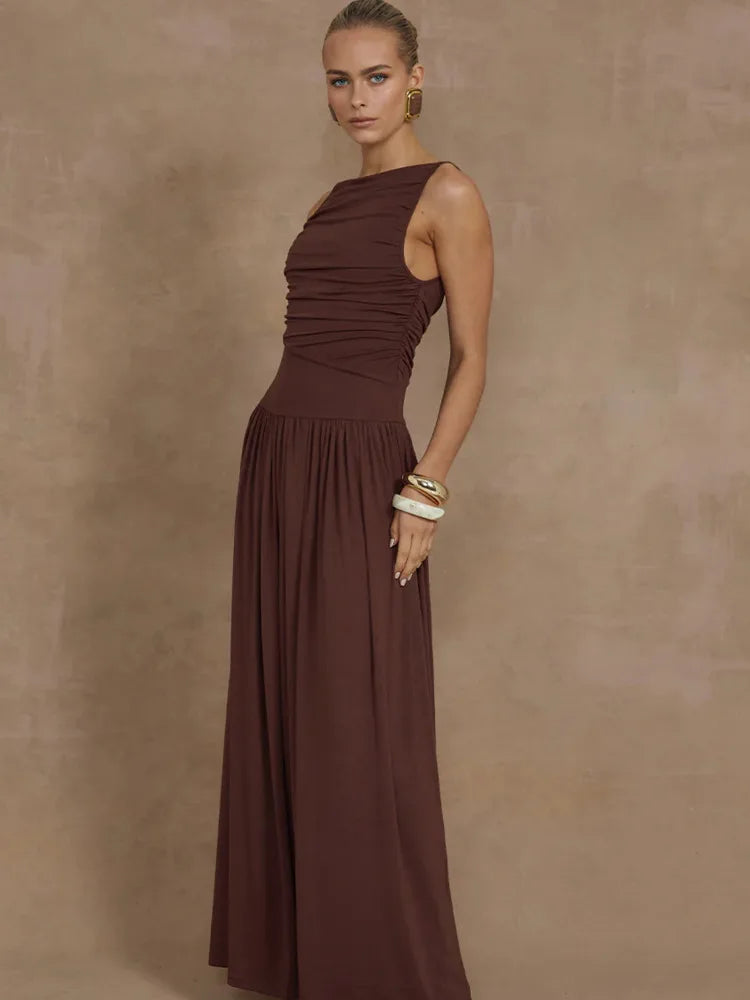 Elegant Sleeveless Round Neck Bodycon Long Dress For Women Folded Slimming Party Evening Dress Female Tight Vestido 2024