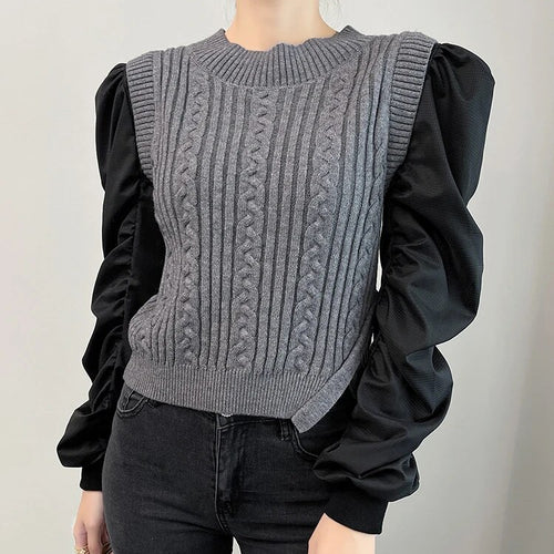 Load image into Gallery viewer, Patchwork Hit Color Knitting Sweaters For Women Round Neck Puff Sleeve Pullover Temperament Sweater Female Fashion
