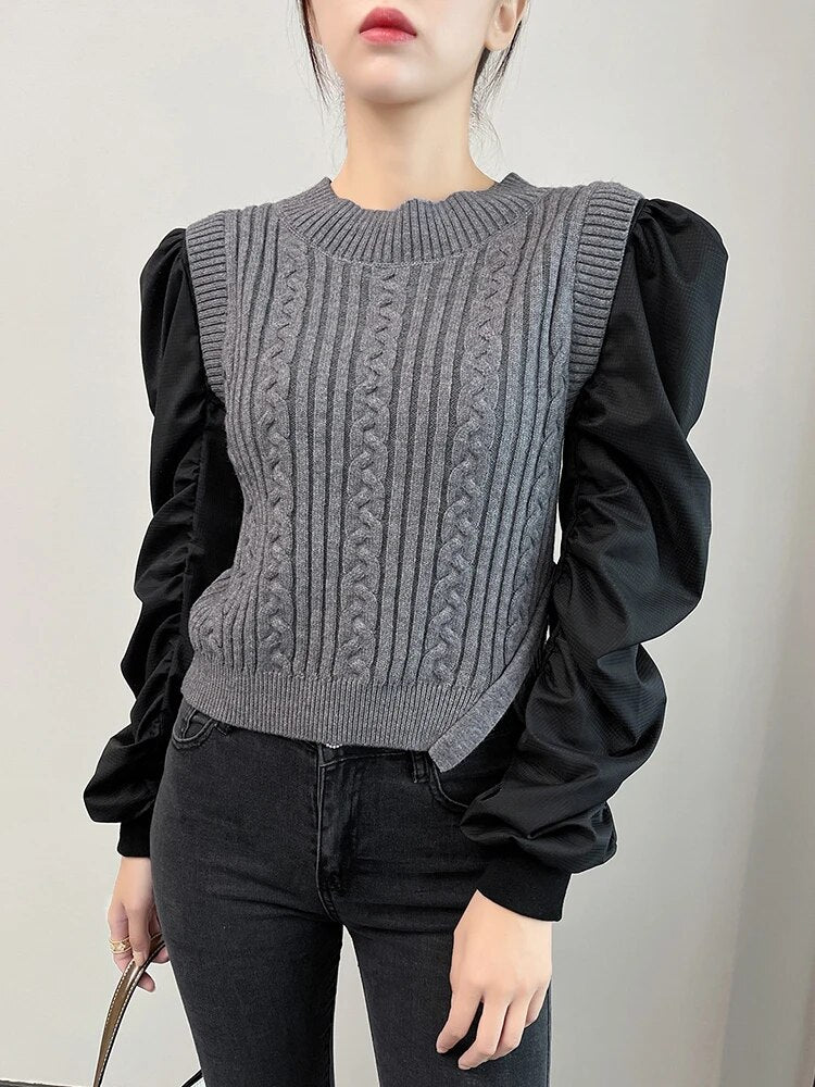 Patchwork Hit Color Knitting Sweaters For Women Round Neck Puff Sleeve Pullover Temperament Sweater Female Fashion