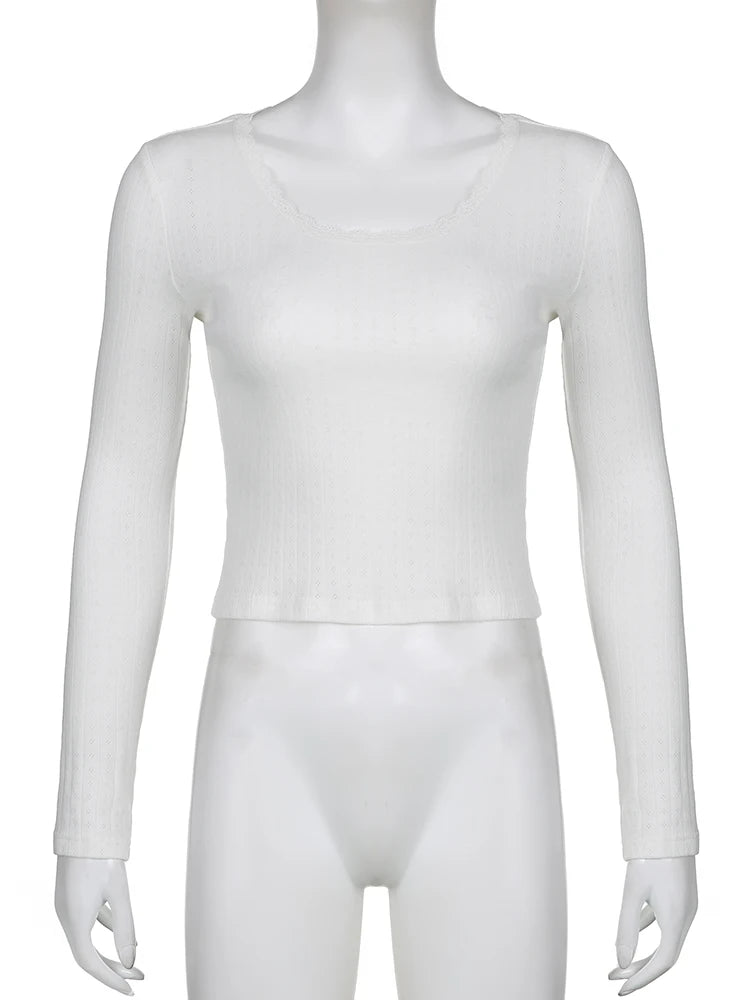 Casual Baisc Chic White Lace Trim Women Tee Shirts Long Sleeve Knit Korean Clothes Slim Top Spring Autumn T-shirt Y2K