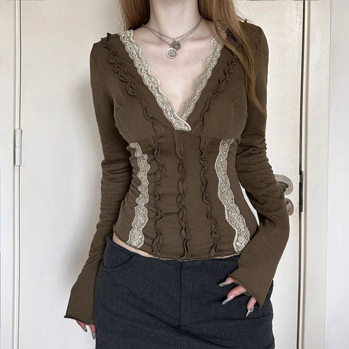 Load image into Gallery viewer, 2000s Fairy Grunge Crop Top Women V Neck Lace Patchwork Ruffle Trim Long Sleeve T Shirt Emo Gothic Clothes Streetwear
