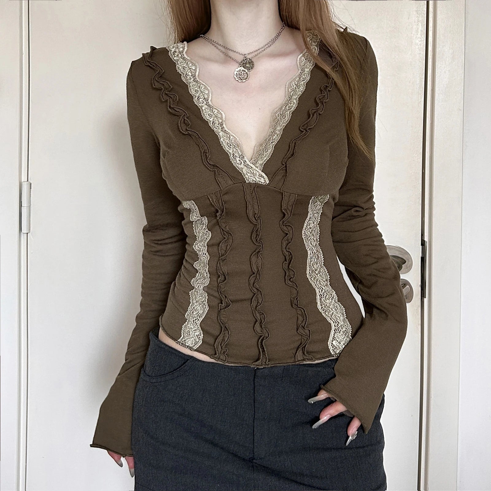 2000s Fairy Grunge Crop Top Women V Neck Lace Patchwork Ruffle Trim Long Sleeve T Shirt Emo Gothic Clothes Streetwear