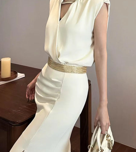 Solid Temperament Two Piece Set For Women V Neck Sleeveless Top High Waist Slimming Skirt Elegant Sets Female New