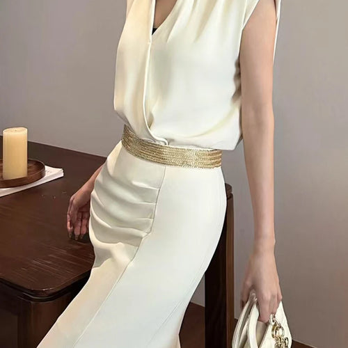Load image into Gallery viewer, Solid Temperament Two Piece Set For Women V Neck Sleeveless Top High Waist Slimming Skirt Elegant Sets Female New
