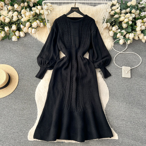 Load image into Gallery viewer, French Vintage Autumn Winter Black Beige Elegant Long Sleeve Vacation Knit Dress Women Khaki Round Neck High Waist Office Dress

